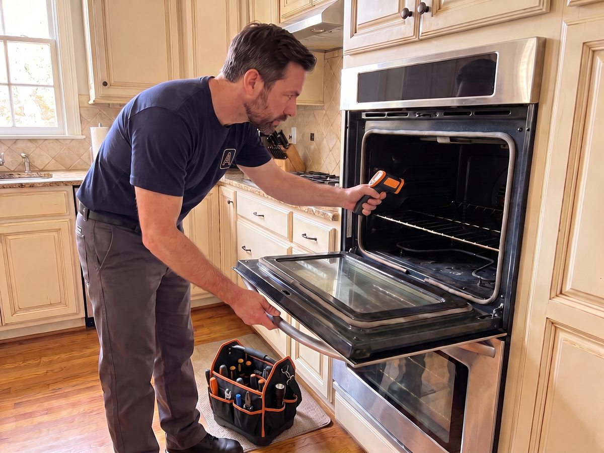 Appliance repair technician checking a wall oven with an infrared thermometer