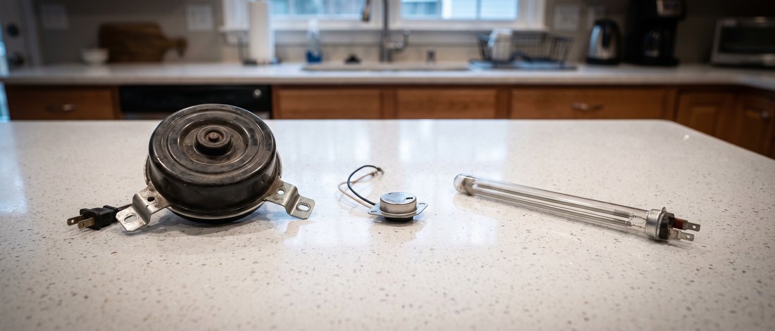 Refrigerator fan motor, thermostat, and defrost heater on a kitchen countertop
