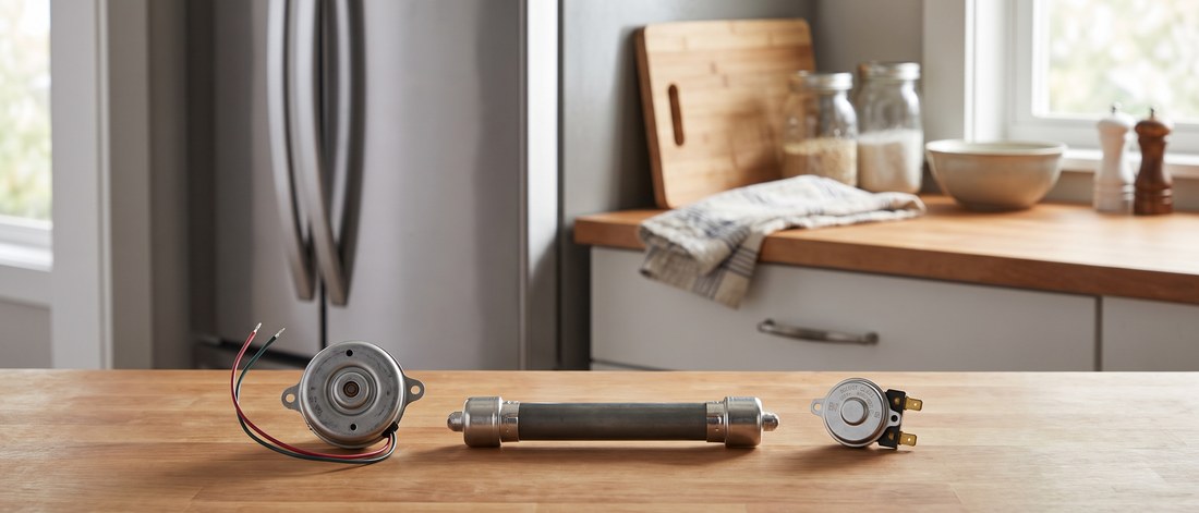 Refrigerator fan motor, defrost heater, and thermostat on a countertop
