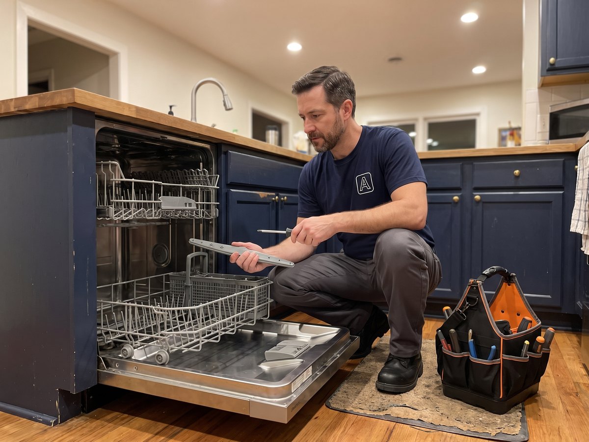 Appliance repair technician working on a dishwasher in a home kitchen