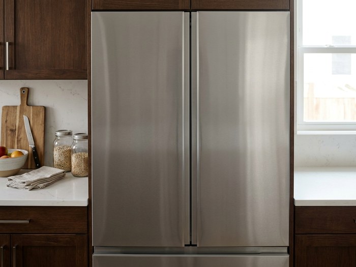 Stainless steel French-door refrigerator in a wood-cabinet kitchen