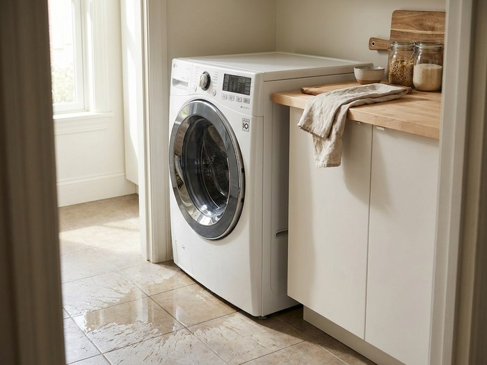 Front-load washer leaking water onto the laundry room floor