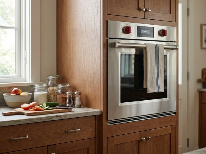 Built-in wall oven with a towel on the door handle