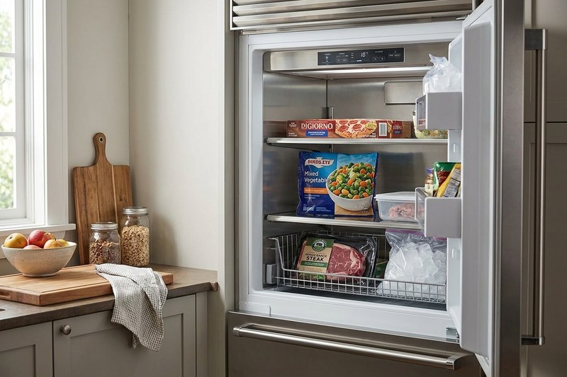 Open built-in freezer stocked with packaged frozen food