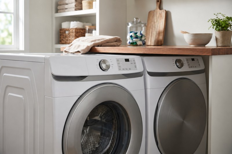 White front-load washer and matching dryer in a laundry room