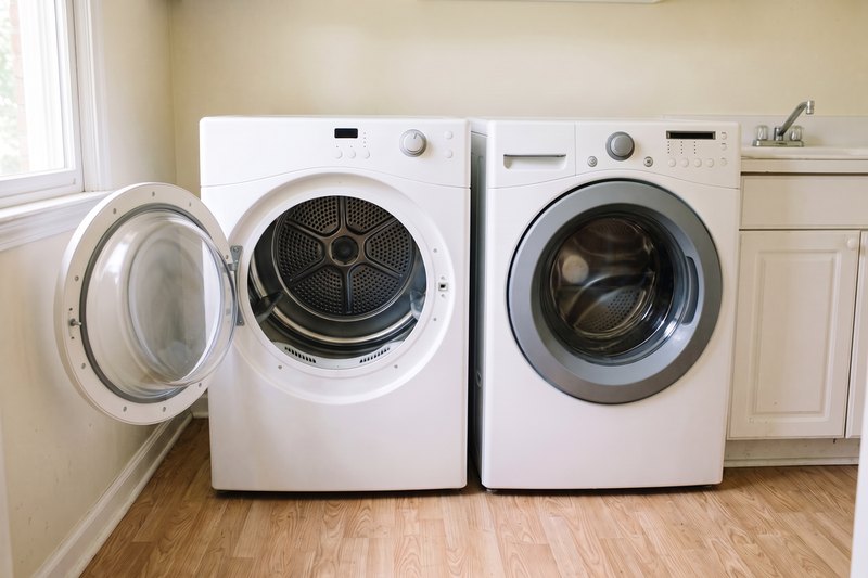 Front-load dryer with its door open beside a matching washer