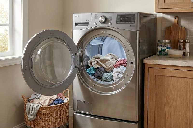 Front-load dryer with open door, towels inside, laundry basket nearby
