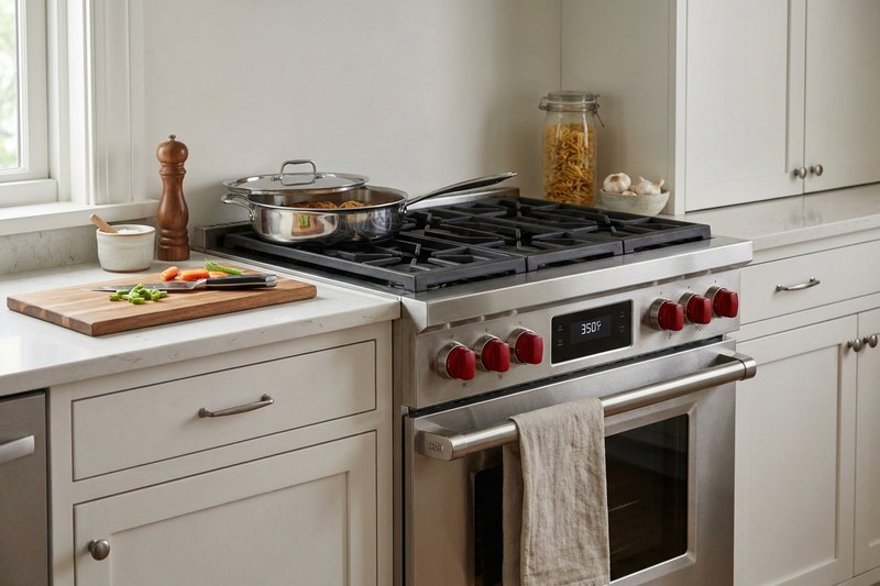Freestanding gas range with a pan cooking on the stovetop