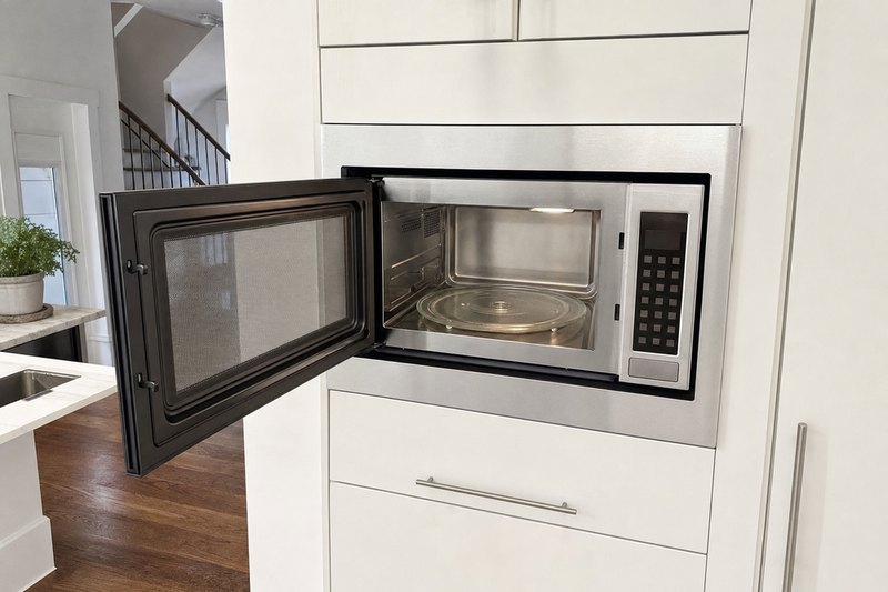 Built-in microwave with its door open in white kitchen cabinetry