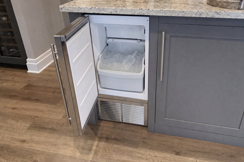 Undercounter ice maker with its door open showing the ice bin