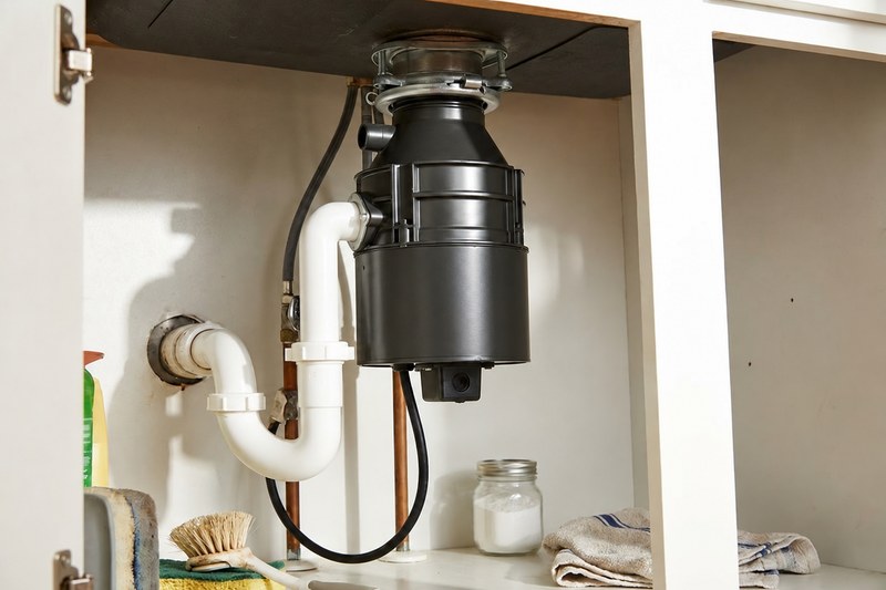 Garbage disposal mounted under a kitchen sink with drain plumbing